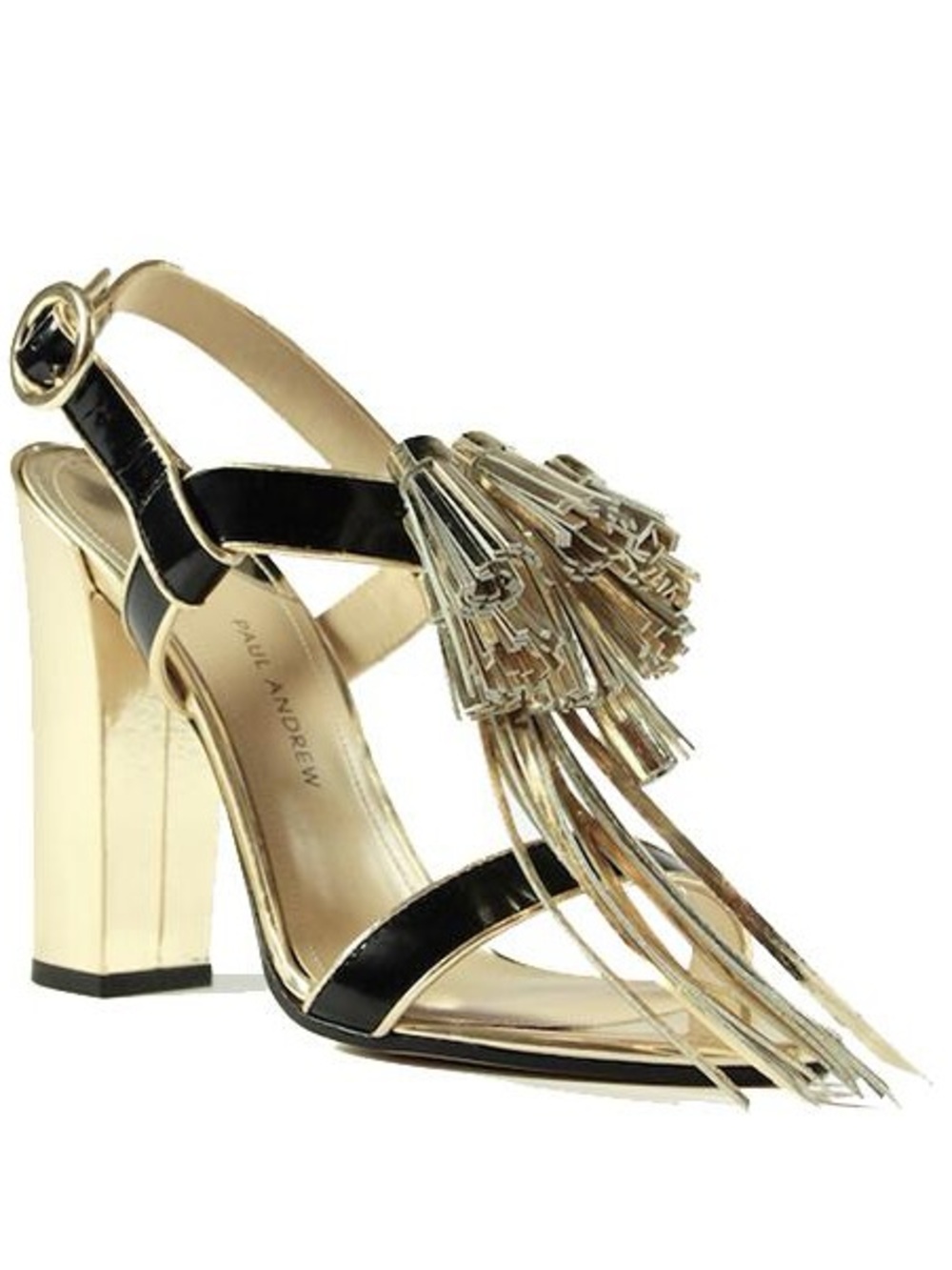 Paul Andrew Black and Gold Tassel Block Heel Sandals